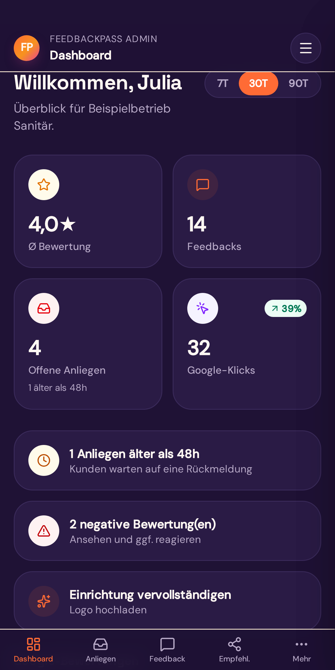 FeedbackPass Admin-App im Dark-Mode
